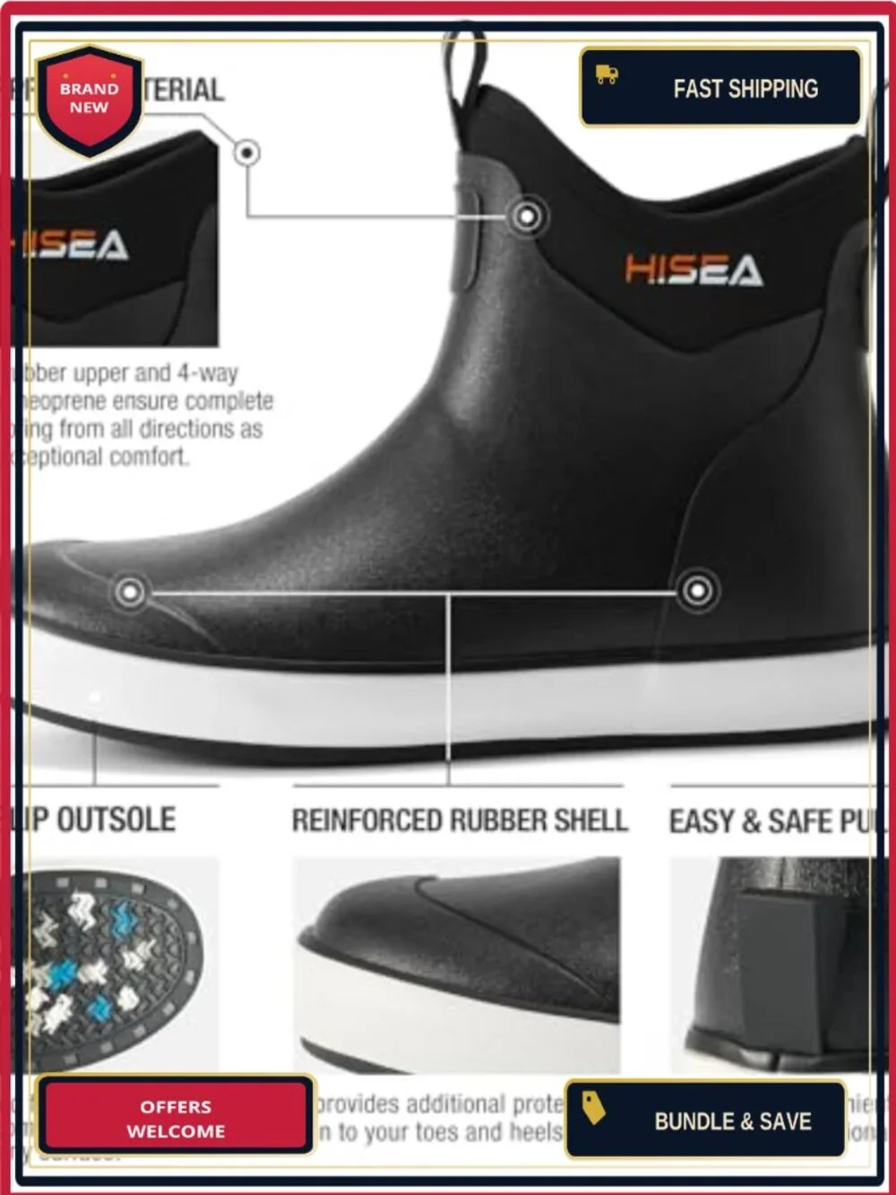Men's Waterproof Ankle Rain Boots Non-Slip Neoprene Rubber Deck Shoes
